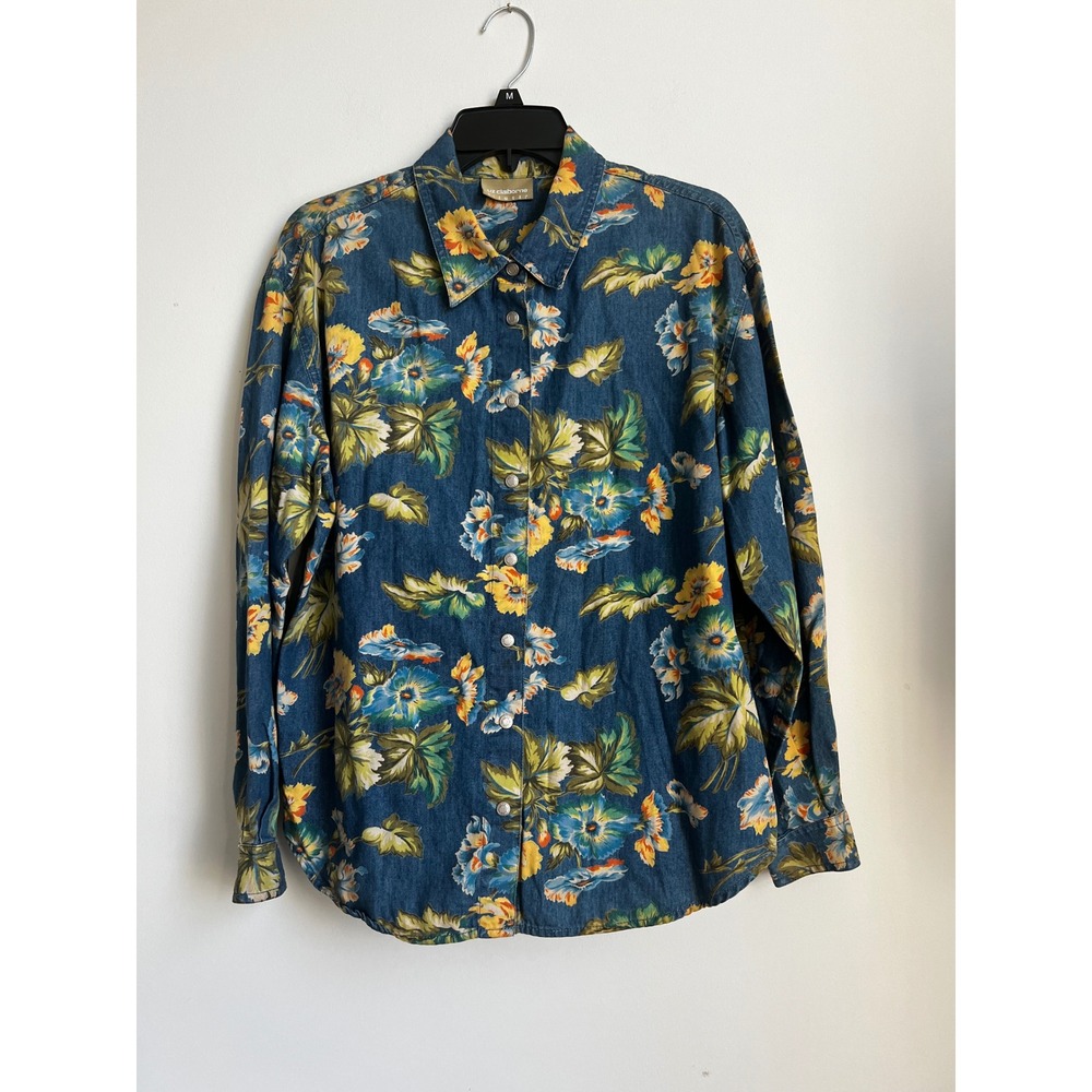 Liz‎ Claiborne Izwear Button Down Shirt Womens Medium Blue Floral Cotton